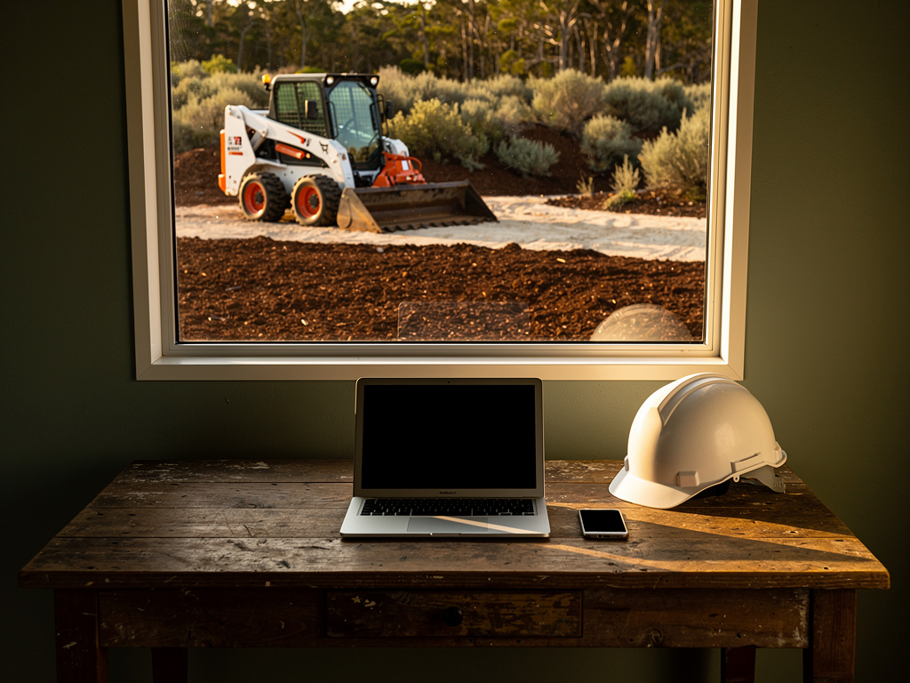 A weathered wooden desk in a small field office with a laptop, a phone, a hard hat and a window looking out on the parke