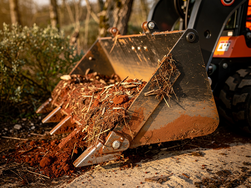 Close-up of the mulching head's steel teeth caked with fresh wood chips and red-brown soil.