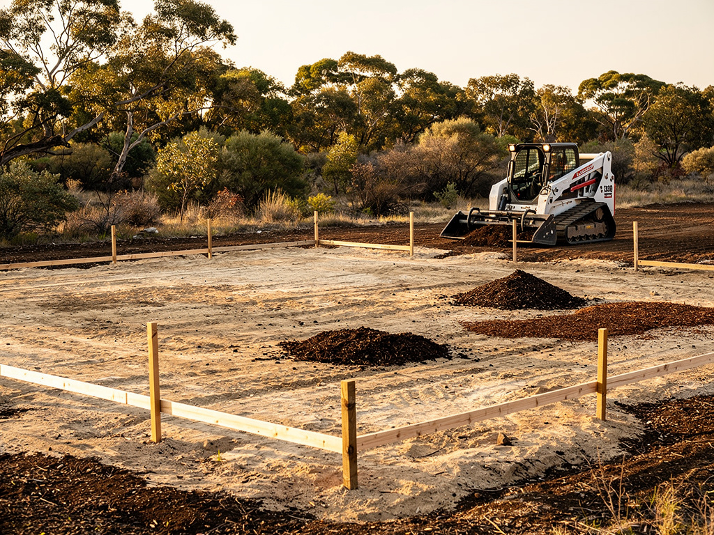 A level, cleared building site with sandy soil, staked corners and the loader parked in the background.