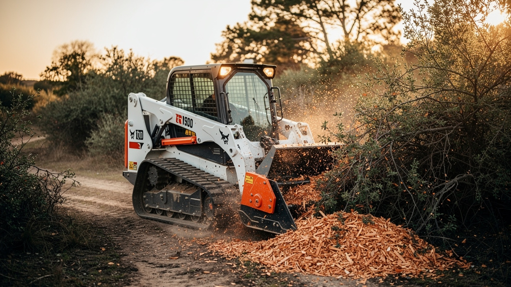 A compact track loader with a forestry mulcher pushing into dense brush, wood chips flying in warm low sunlight.