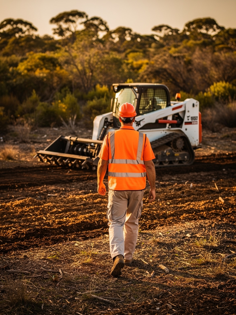 A crew member seen from behind in an orange safety vest and hard hat, walking toward the parked track loader at the edge